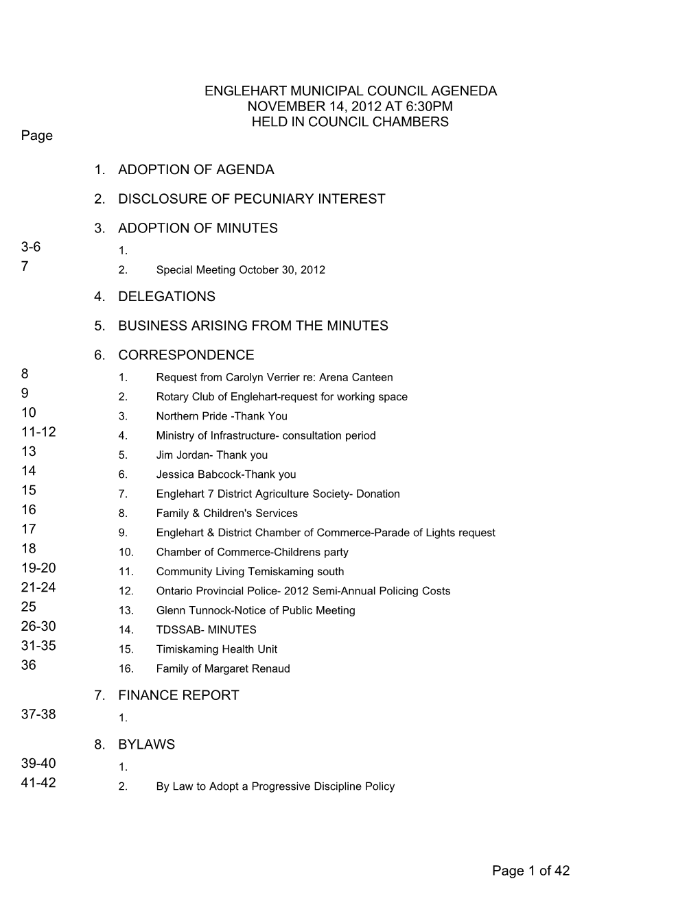 ENGLEHART MUNICIPAL COUNCIL AGENEDA NOVEMBER 14, 2012 at 6:30PM HELD in COUNCIL CHAMBERS Page