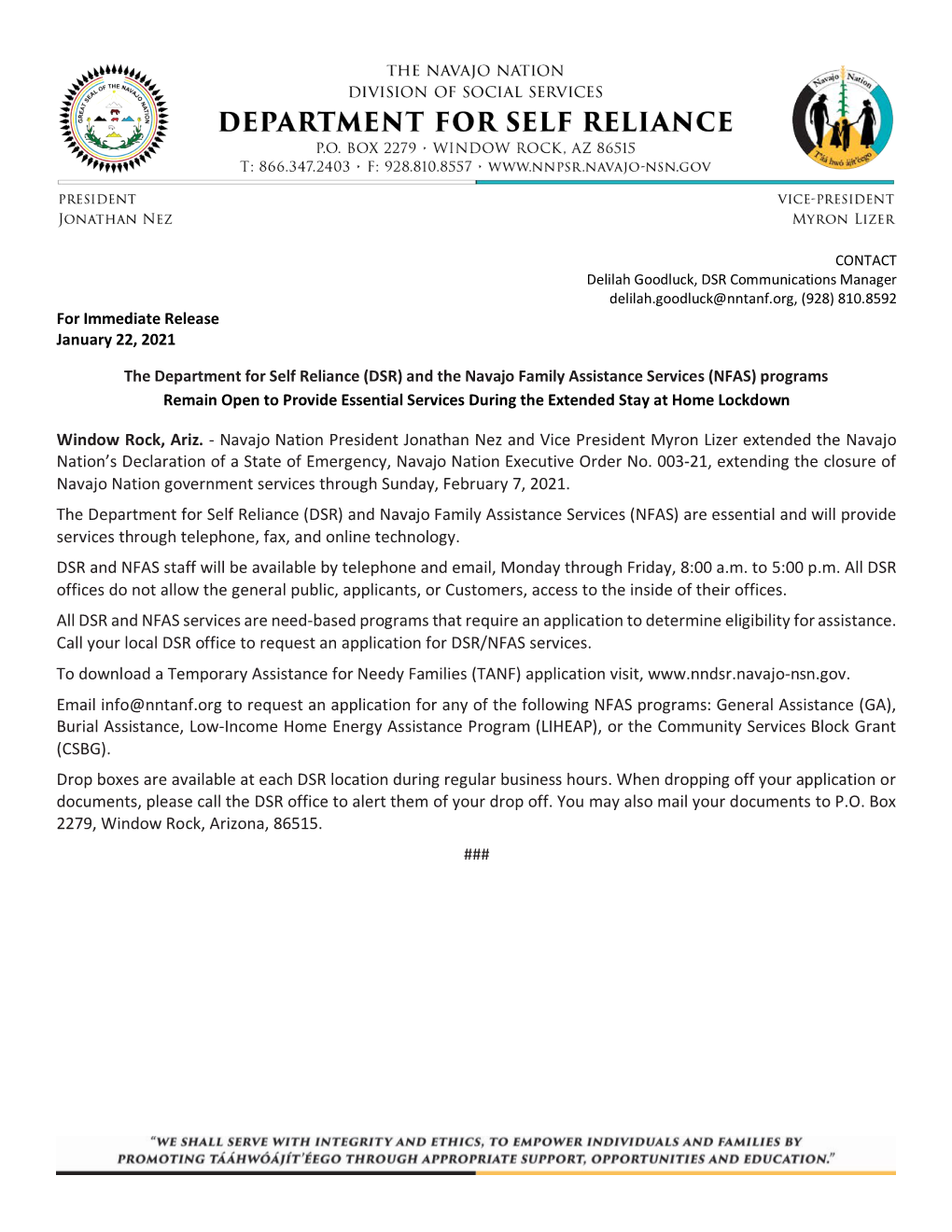 (DSR) and the Navajo Family Assistance Services (NFAS) Programs Remain Open to Provide Essential Services During the Extended Stay at Home Lockdown