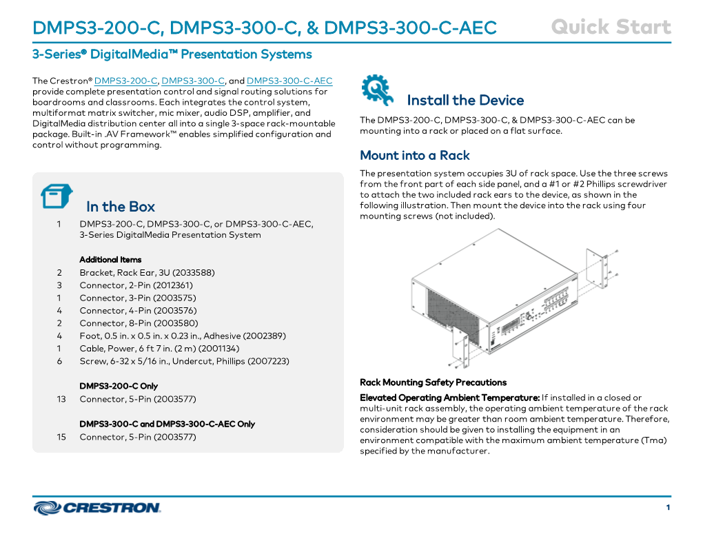 Quick Start: DMPS3-200-C, DMPS3-300-C, & DMPS3-300-C-AEC