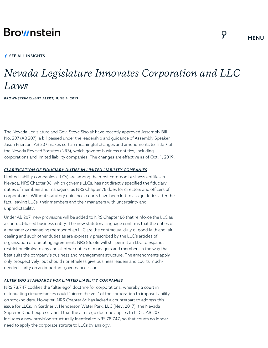 Nevada Legislature Innovates Corporation and LLC Laws