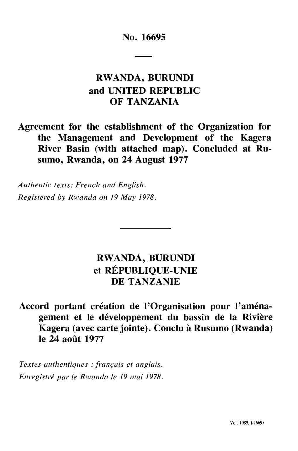 No. 16695 RWANDA, BURUNDI and UNITED REPUBLIC of TANZANIA