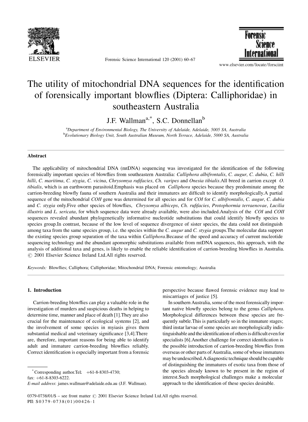 The Utility of Mitochondrial DNA Sequences for the Identification of Forensically Important Blowflies (Diptera: Calliphoridae) I
