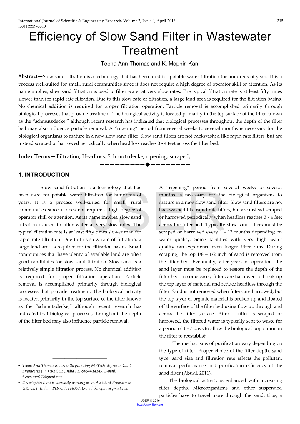 Efficiency of Slow Sand Filter in Wastewater Treatment Teena Ann Thomas and K