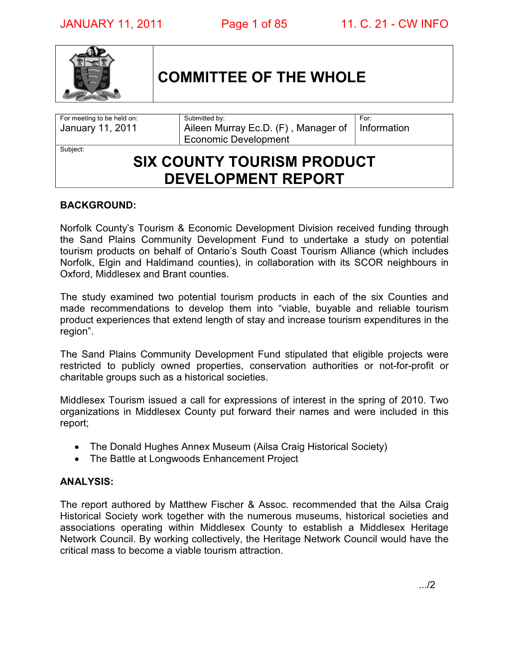 Committee of the Whole Six County Tourism Product