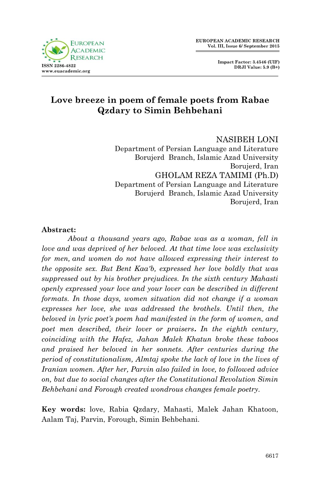 Love Breeze in Poem of Female Poets from Rabae Qzdary to Simin Behbehani