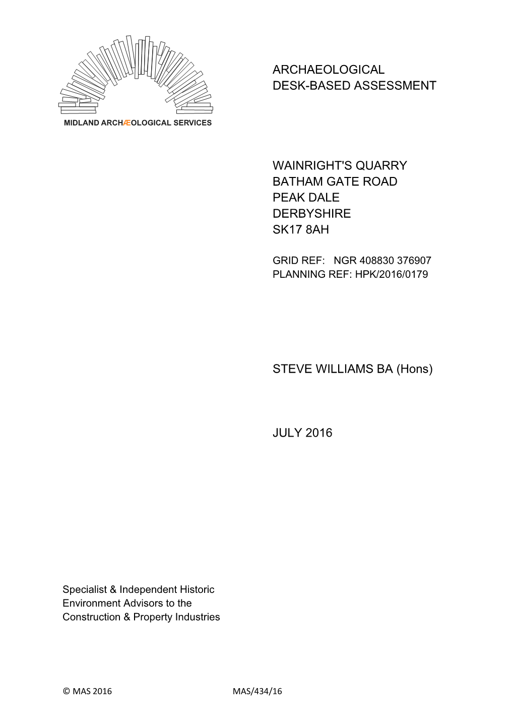 Archaeological Desk-Based Assessment Wainright's Quarry