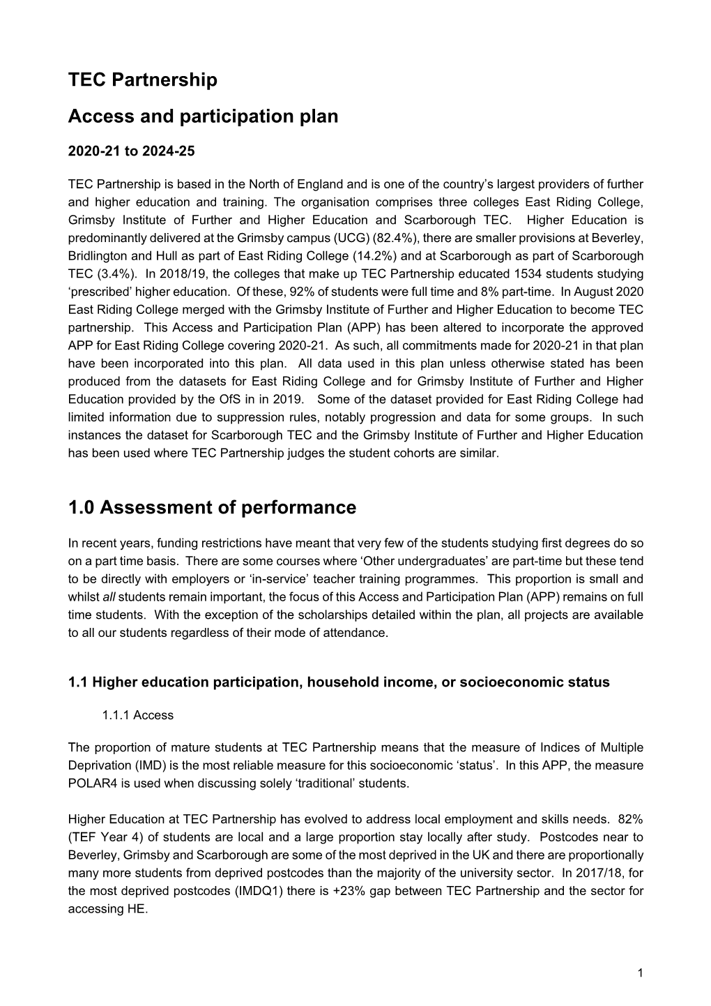 TEC Partnership Access and Participation Plan 1.0 Assessment