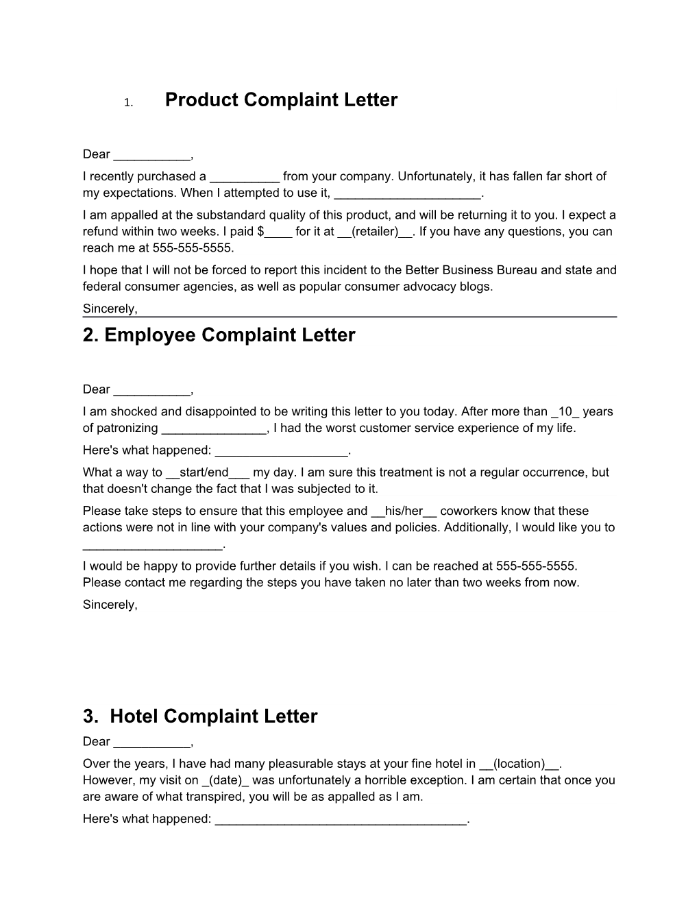 1. Product Complaint Letter