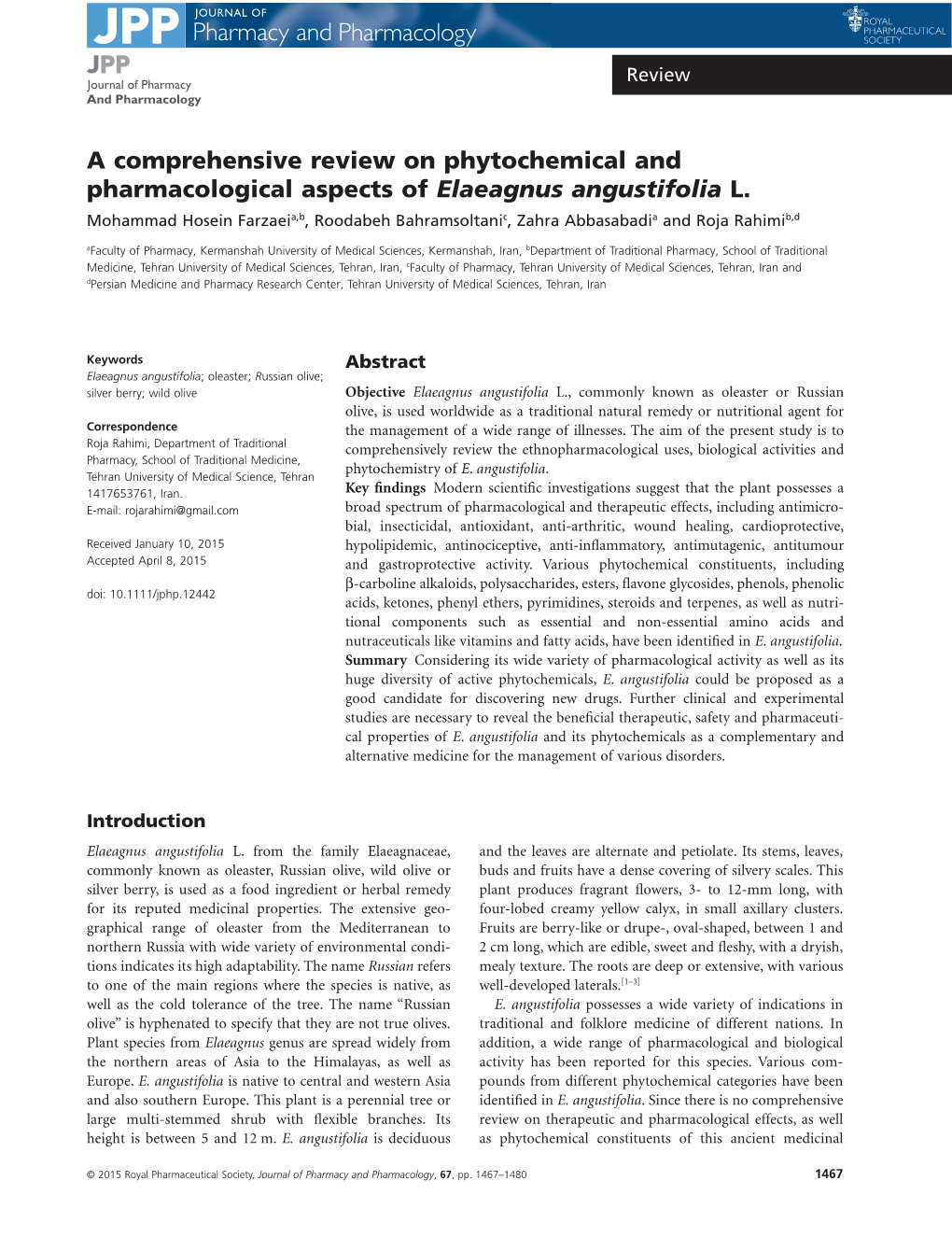 A Comprehensive Review on Phytochemical and Pharmacological Aspects of Elaeagnus Angustifolia L