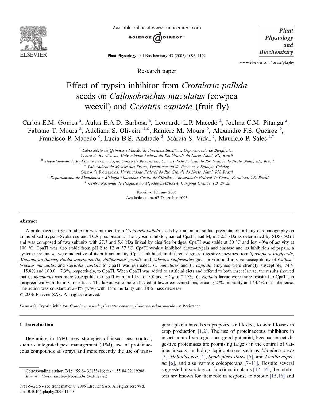 Effect of Trypsin Inhibitor from Crotalaria Pallida Seeds on Callosobruchus Maculatus (Cowpea Weevil) and Ceratitis Capitata (Fruit Fly)