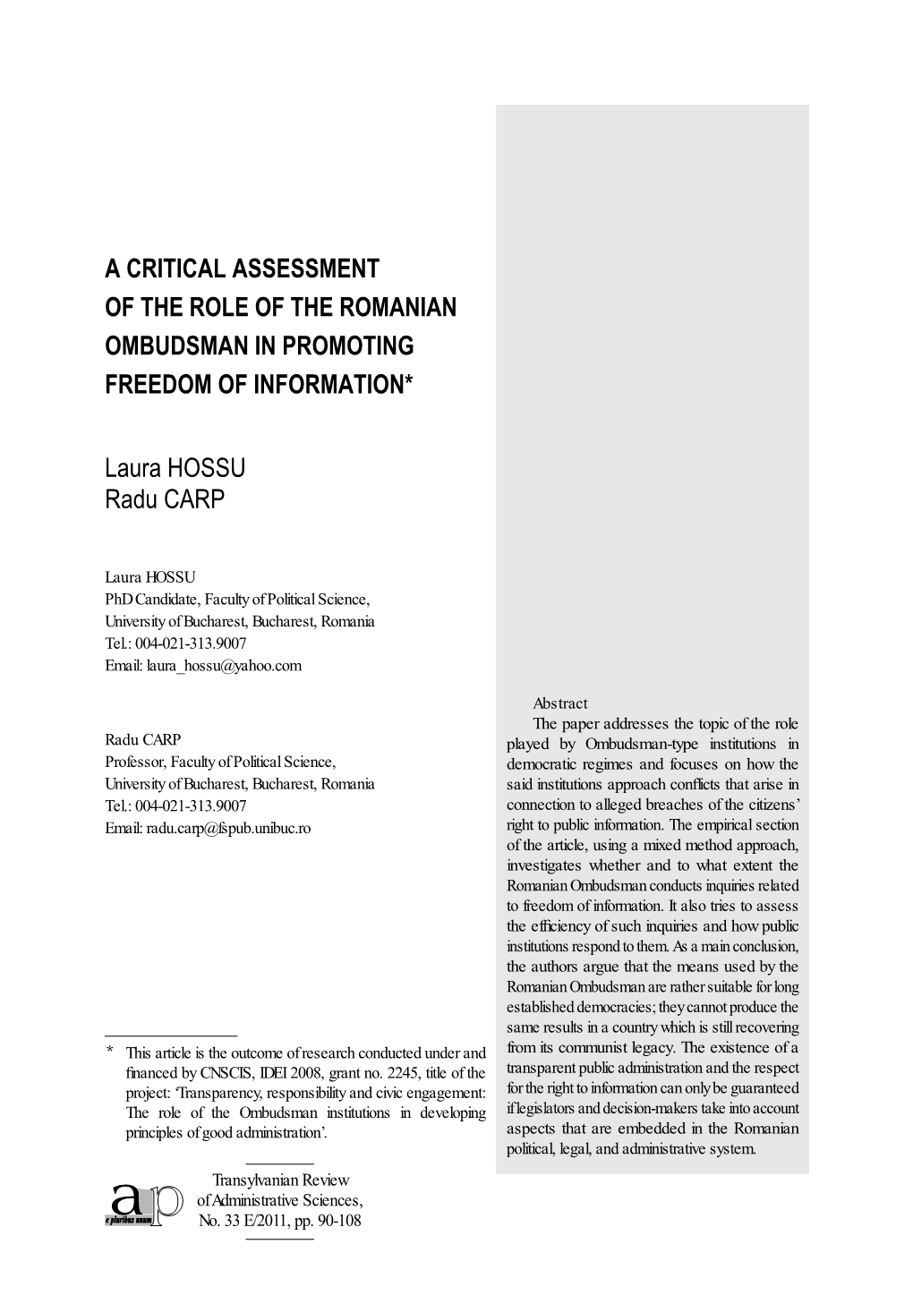 A Critical Assessment of the Role of the Romanian Ombudsman in Promoting Freedom of Information*1