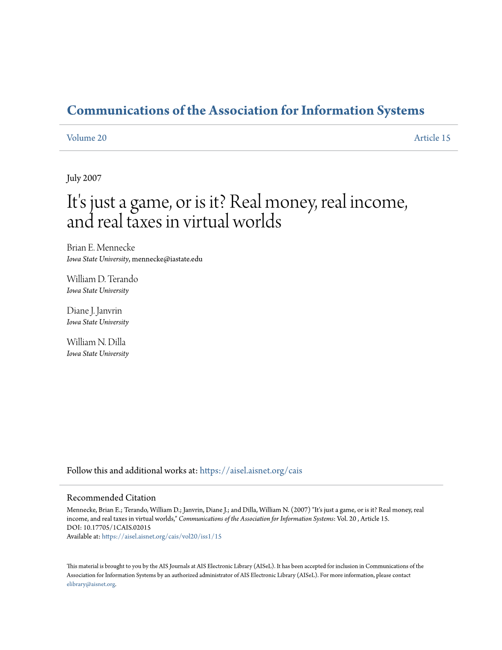 It's Just a Game, Or Is It? Real Money, Real Income, and Real Taxes in Virtual Worlds Brian E