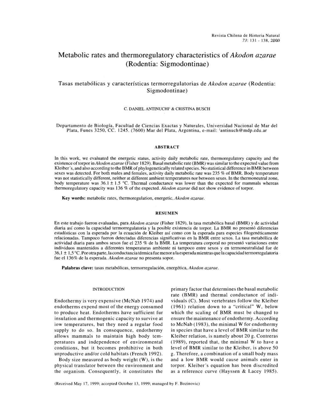 Metabolic Rates and Thermoregulatory Characteristics of Akodon Azarae (Rodentia: Sigmodontinae)