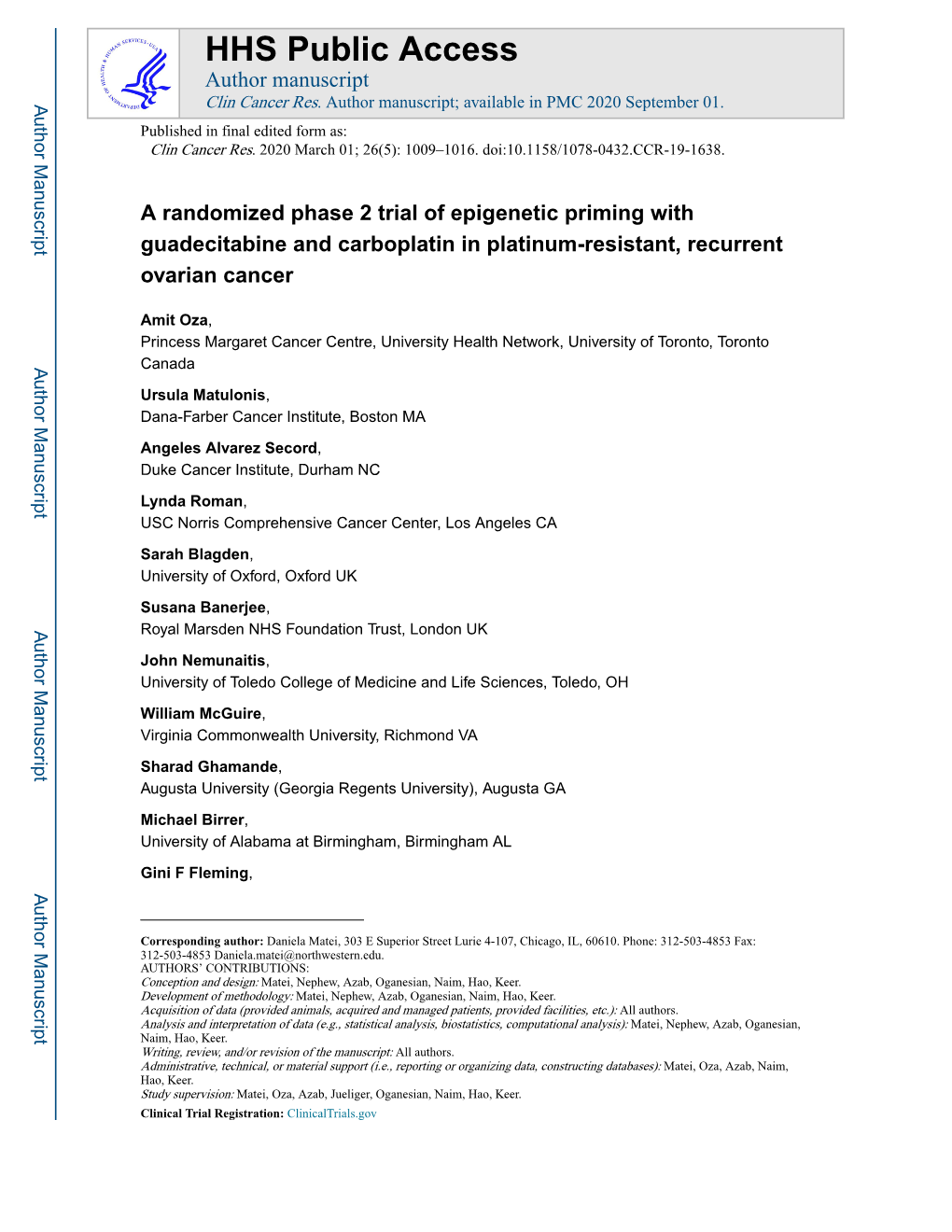 A Randomized Phase 2 Trial of Epigenetic Priming with Guadecitabine and Carboplatin in Platinum-Resistant, Recurrent Ovarian Cancer