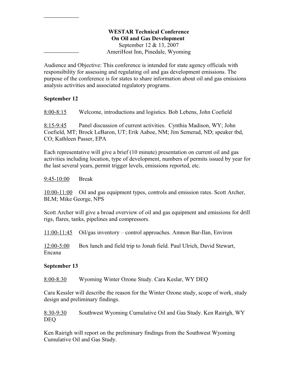 WESTAR OIL & GAS WORKSHOP AGENDA (Pindale, Wyoming