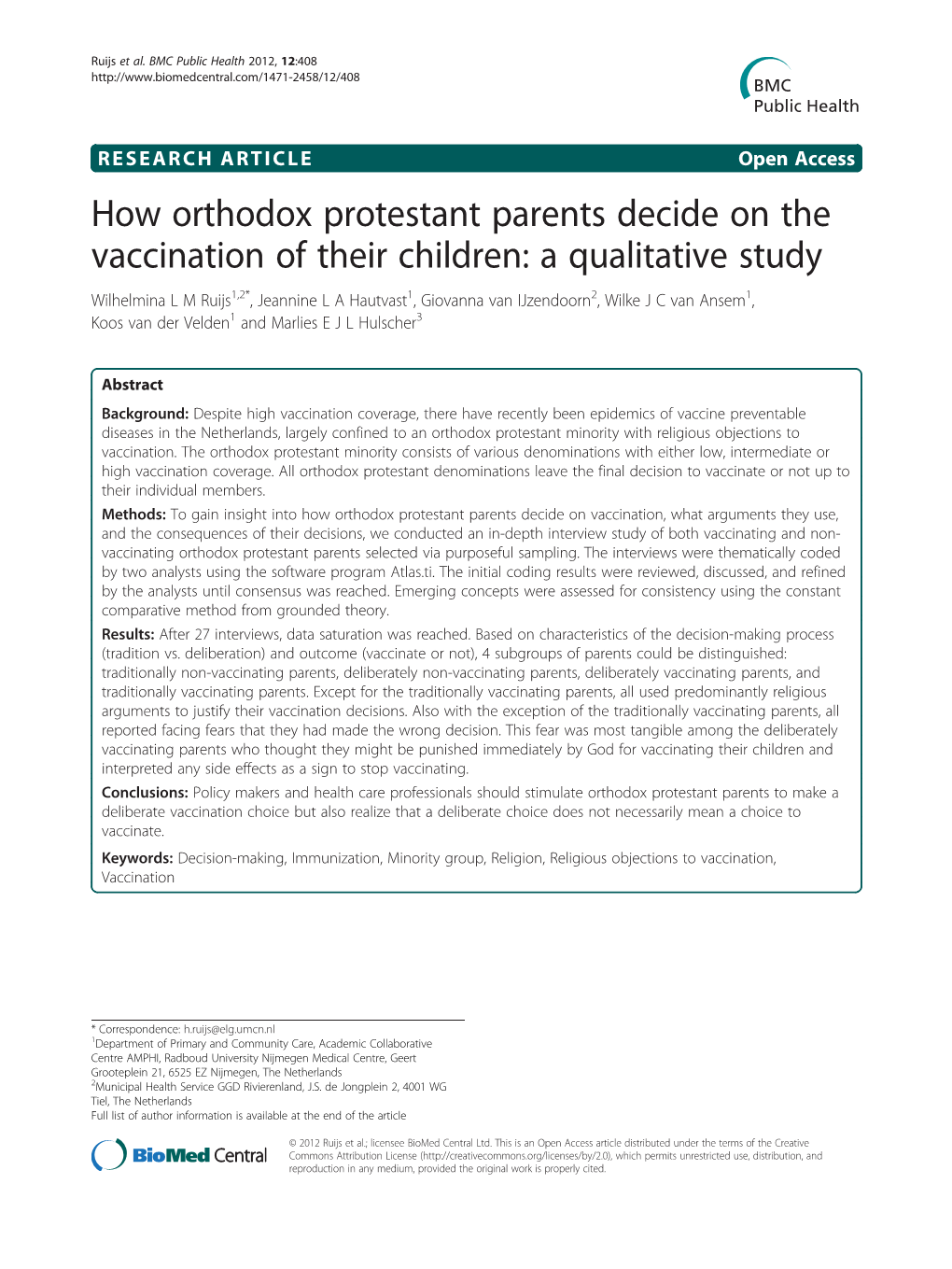 How Orthodox Protestant Parents Decide on the Vaccination of Their