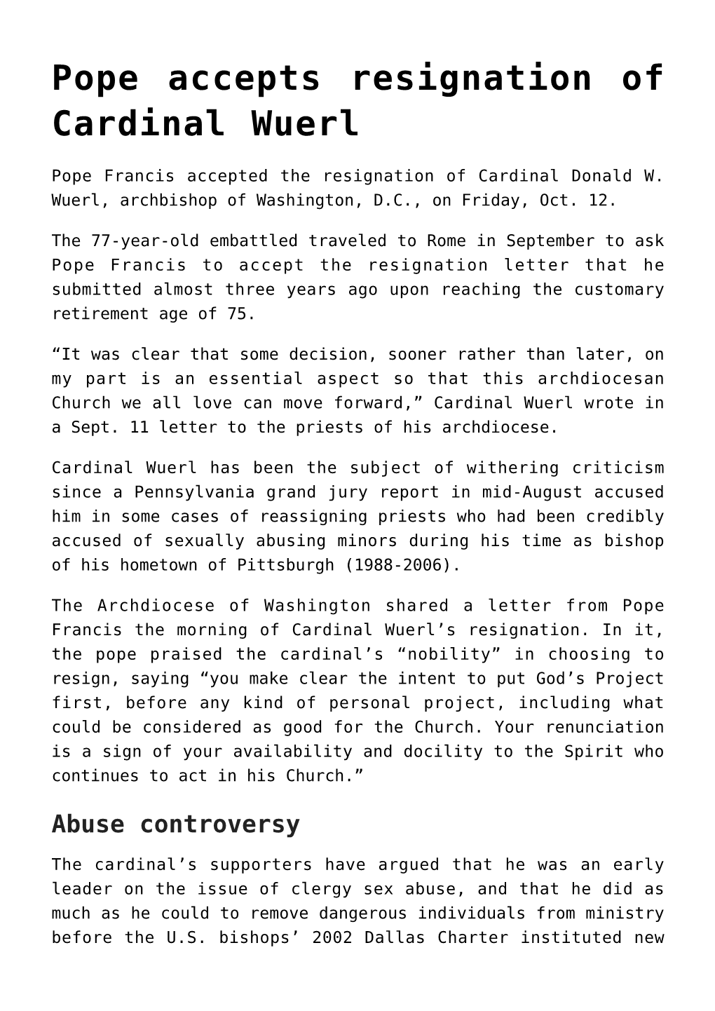 Pope Accepts Resignation of Cardinal Wuerl