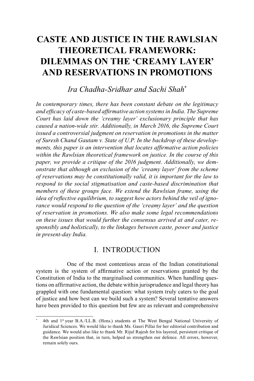 CASTE and Justice in the RAWLSIAN THEORETICAL Framework: Dilemmas on the 'Creamy LAYER' and Reservations in Promotions