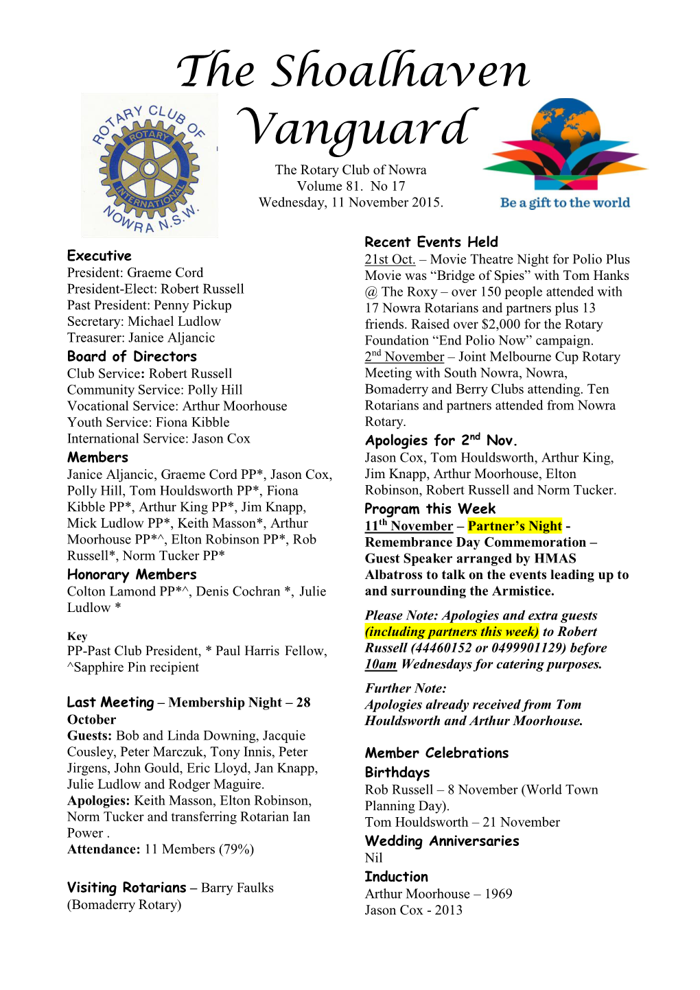 The Shoalhaven Vanguard the Rotary Club of Nowra Volume 81