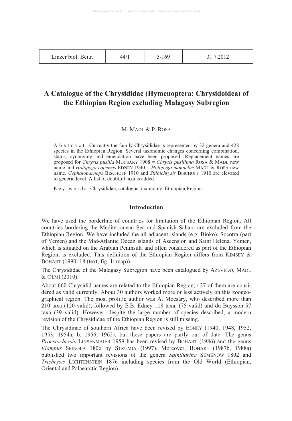 Hymenoptera: Chrysidoidea) of the Ethiopian Region Excluding Malagasy Subregion