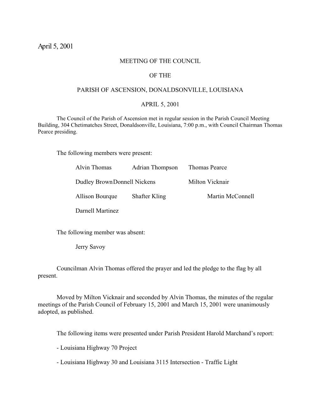 Meeting of the Council of the Parish of Ascension, Donaldsonville, Louisiana April 5, 2001