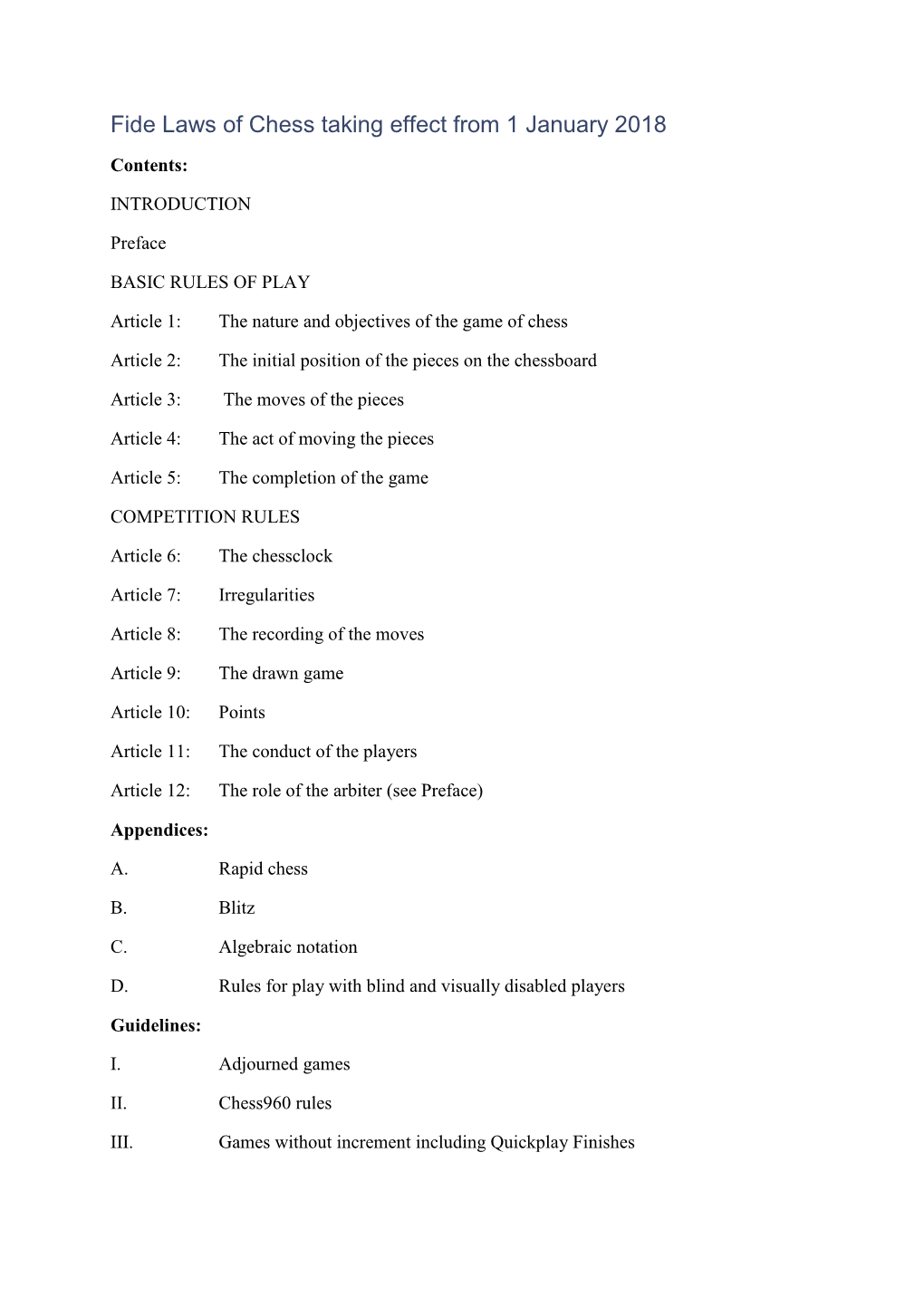 Fide Laws of Chess Taking Effect from 1 January 2018