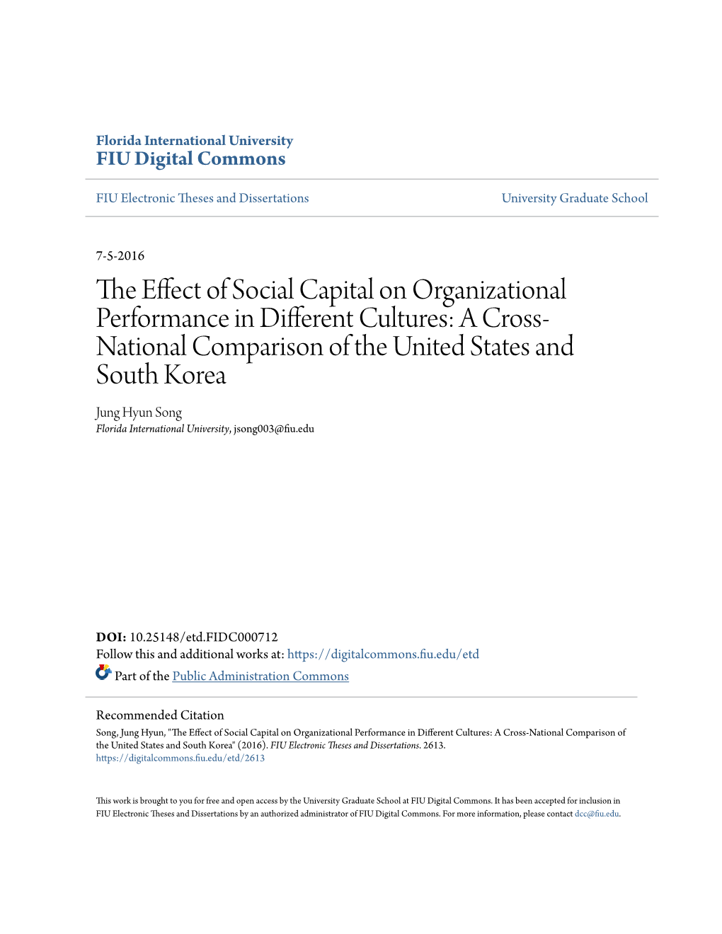 The Effect of Social Capital on Organizational Performance in Different Cultures: a Cross-National Comparison of the United States and South Korea