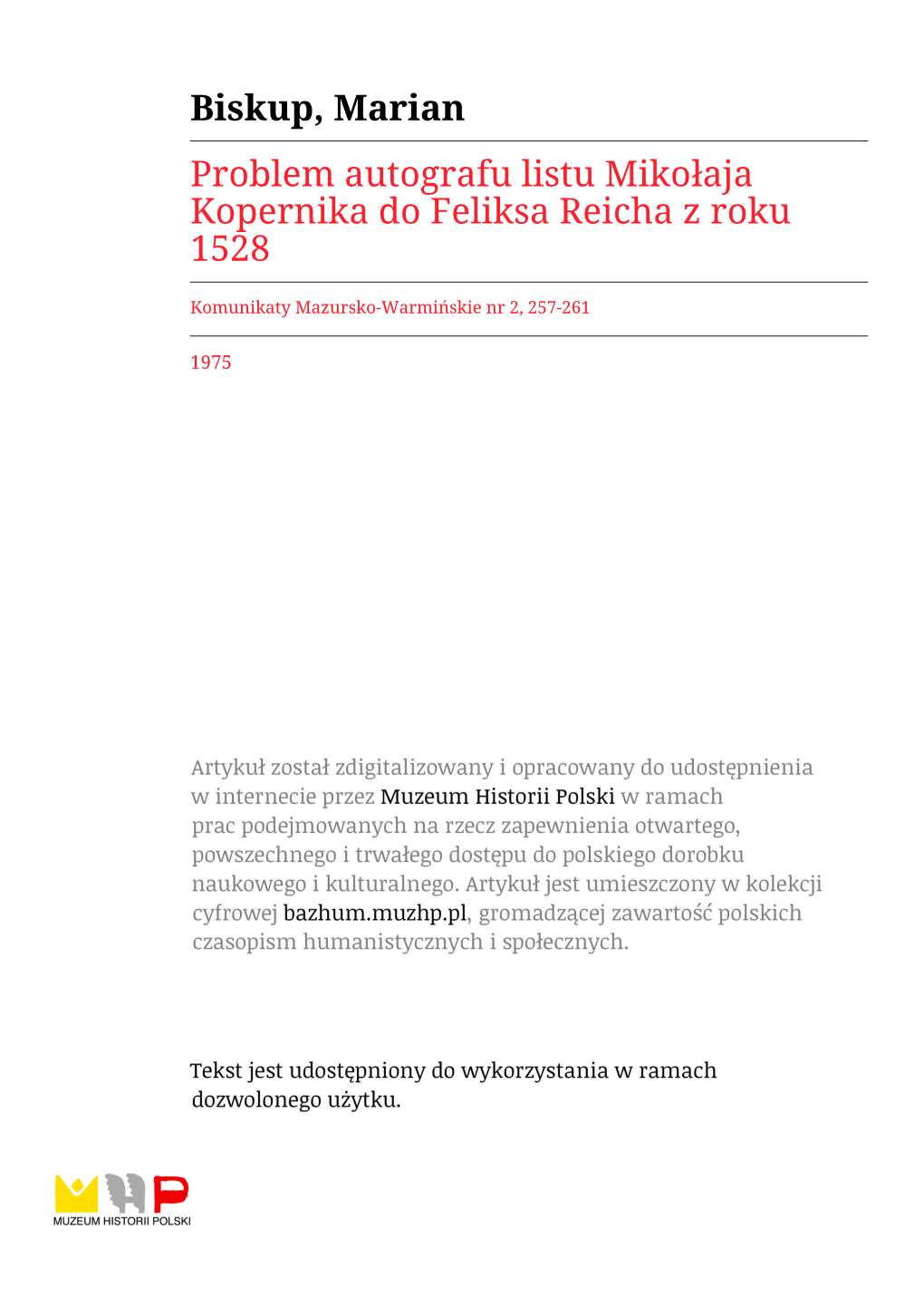 Biskup, Marian Problem Autografu Listu Mikołaja Kopernika Do Feliksa Reicha Z Roku 1528