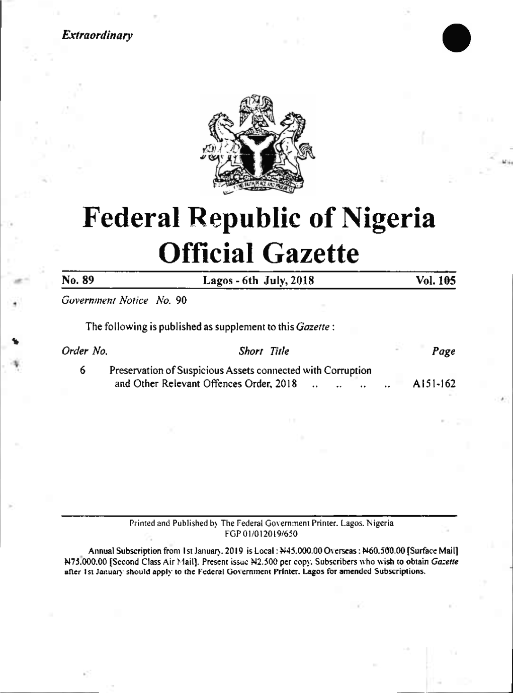 Federal Republic of Nigeria Official Gazette No