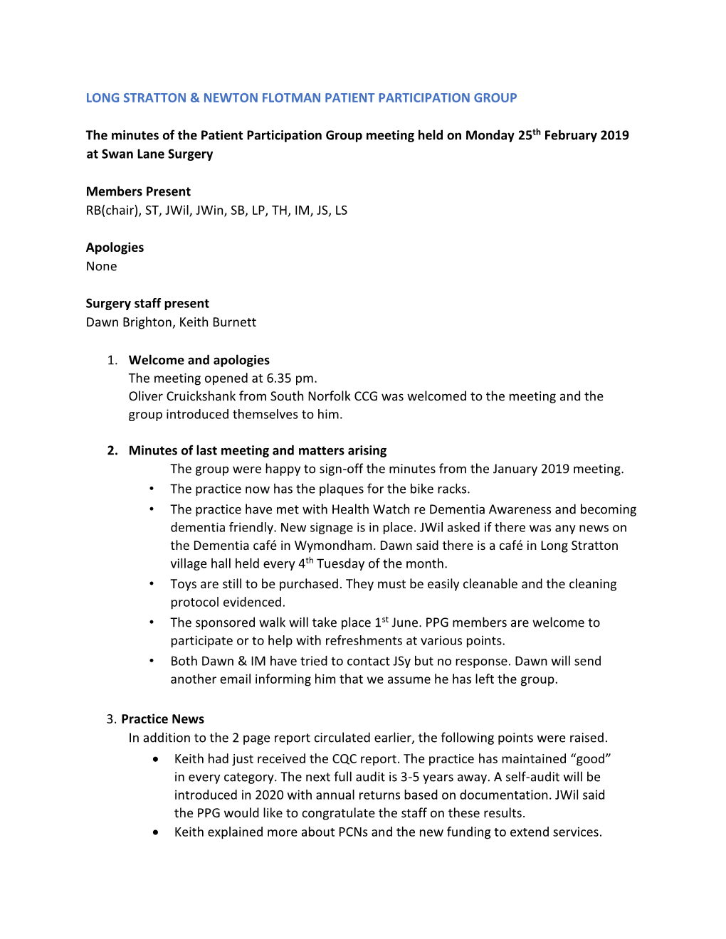 Minutes of the Patient Participation Group Meeting Held on Monday 25Th February 2019 at Swan Lane Surgery