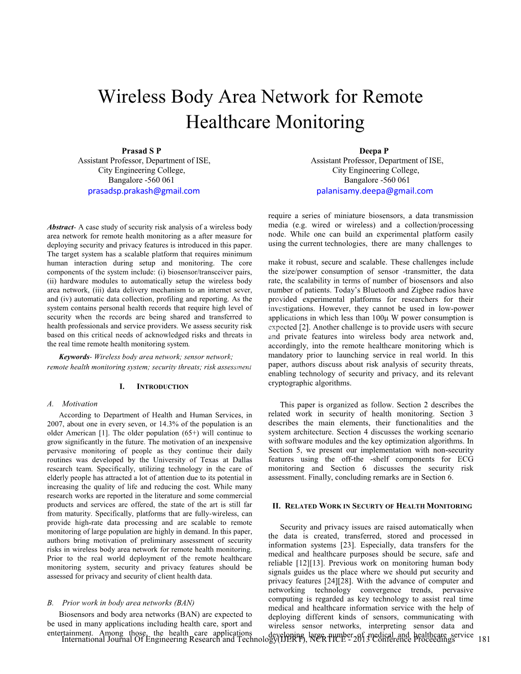 Wireless Body Area Network for Remote Healthcare Monitoring