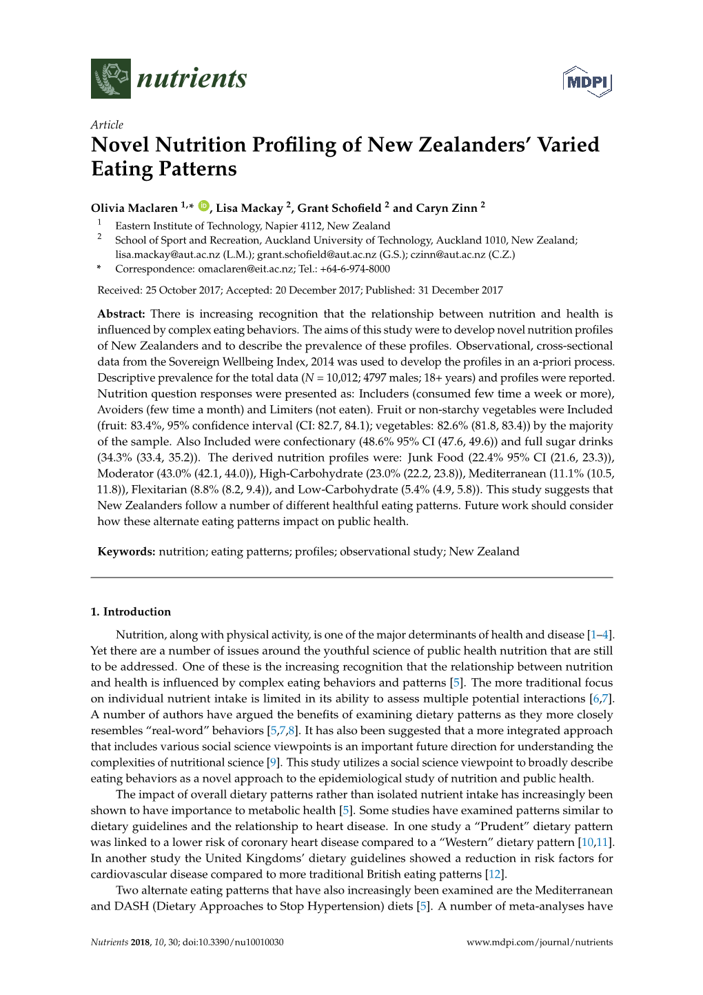 Novel Nutrition Profiling of New Zealanders' Varied Eating Patterns