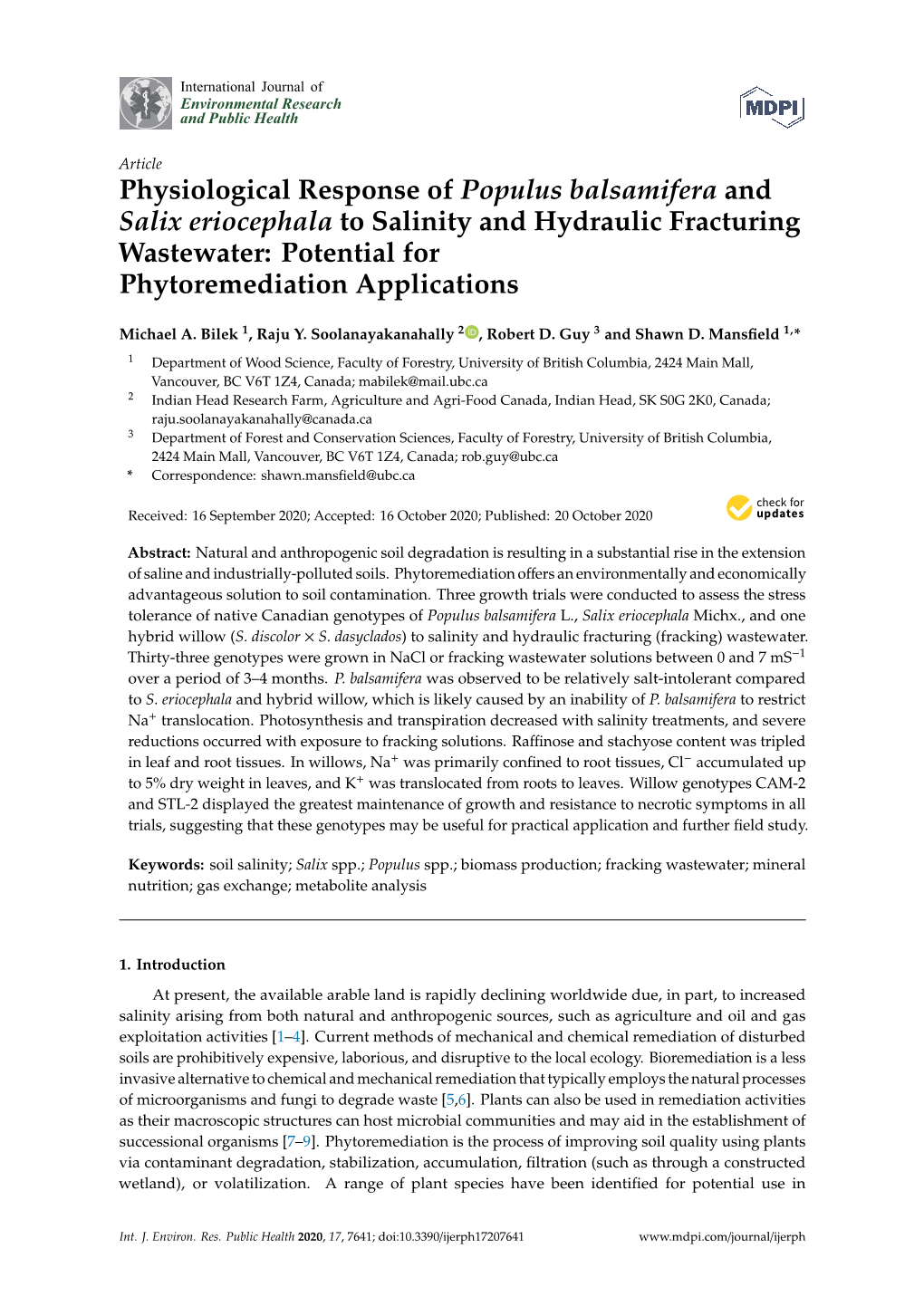 Physiological Response of Populus Balsamifera and Salix Eriocephala to Salinity and Hydraulic Fracturing Wastewater: Potential for Phytoremediation Applications