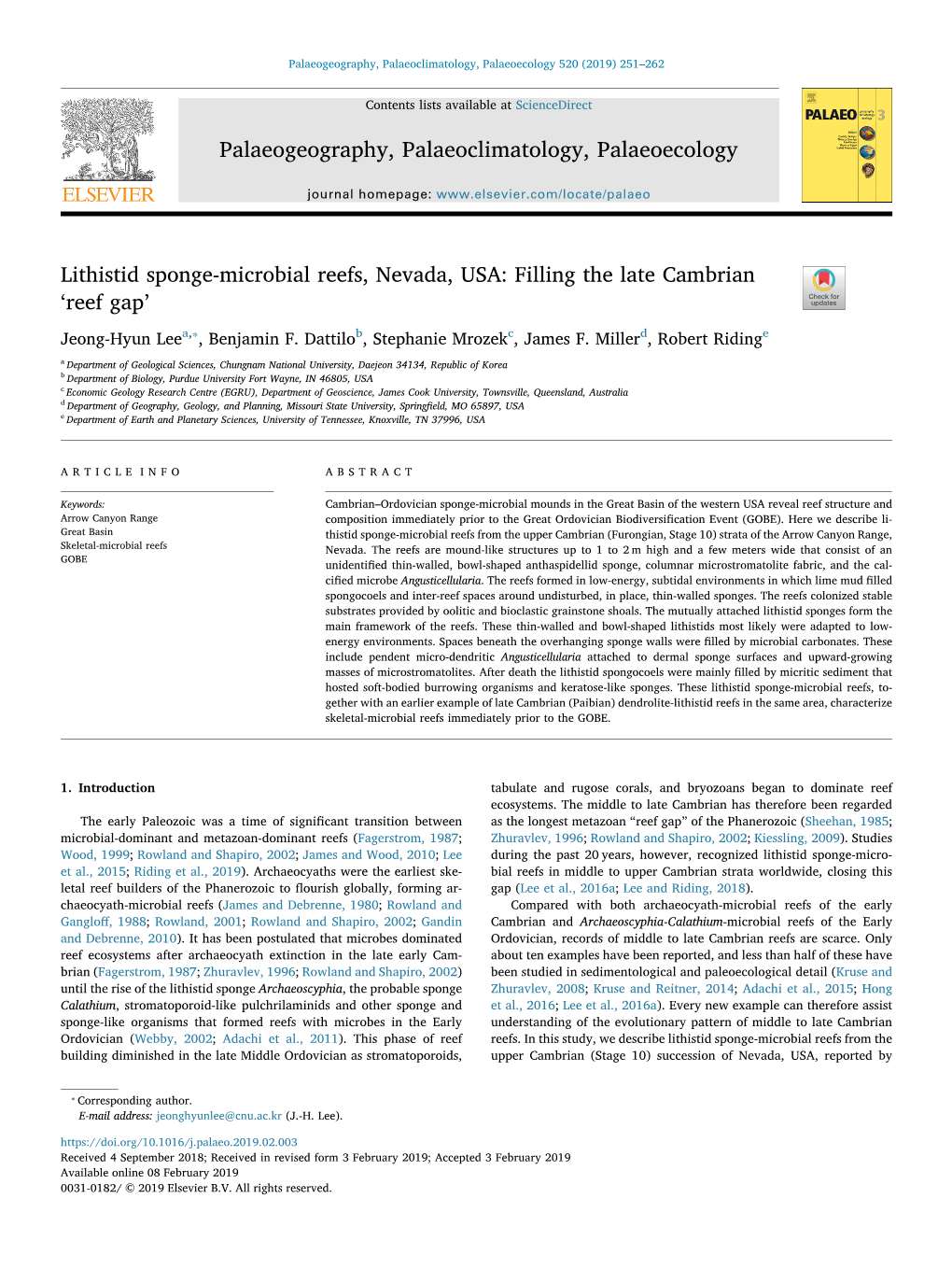 Reefs, Nevada, USA: Filling the Late Cambrian ‘Reef Gap’ T ⁎ Jeong-Hyun Leea, , Benjamin F