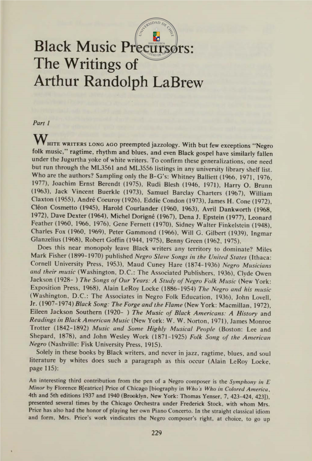 Black Music Precursors: the W Ritings of Arthur Randolph Labrew