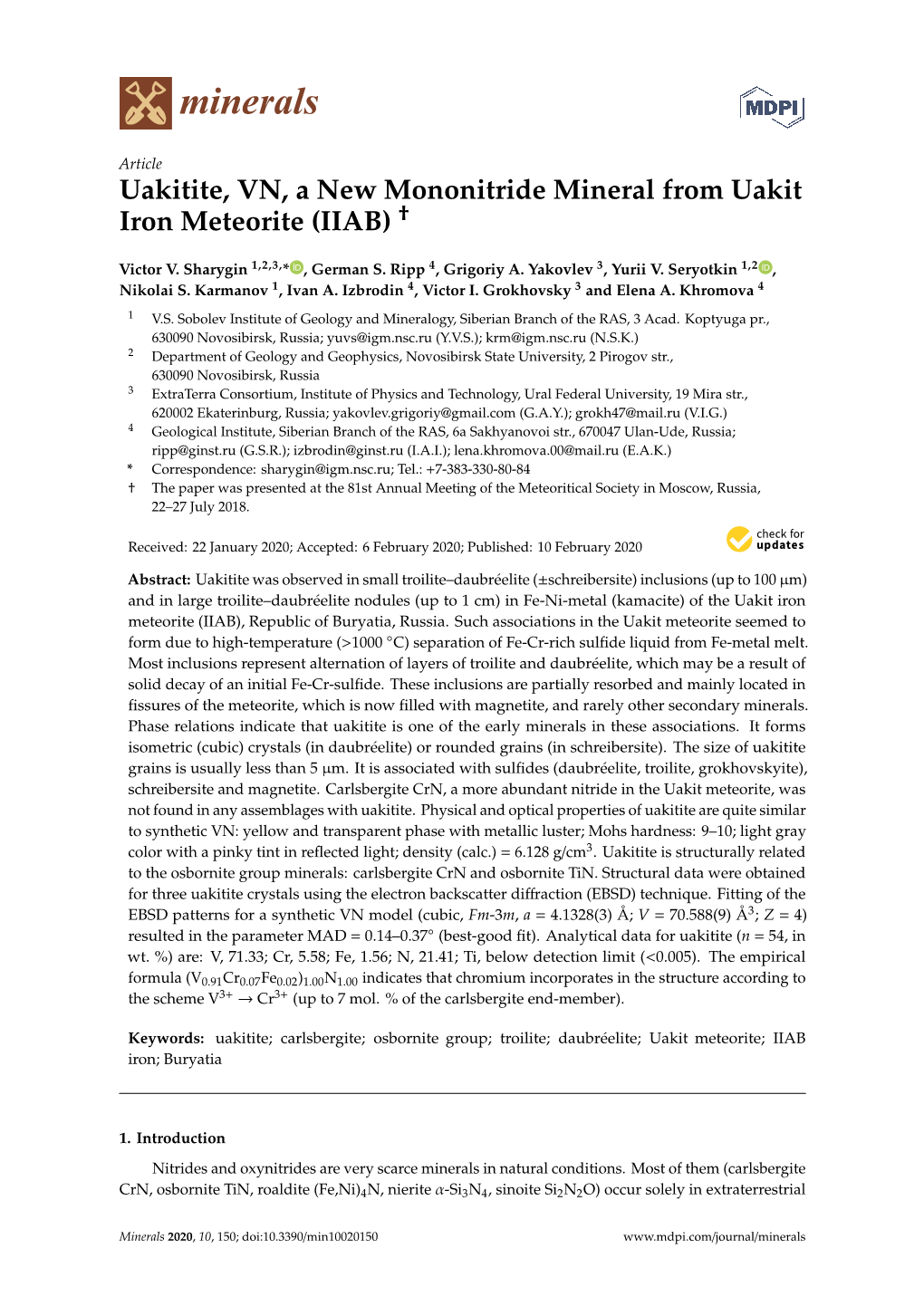 Uakitite, VN, a New Mononitride Mineral from Uakit Iron Meteorite