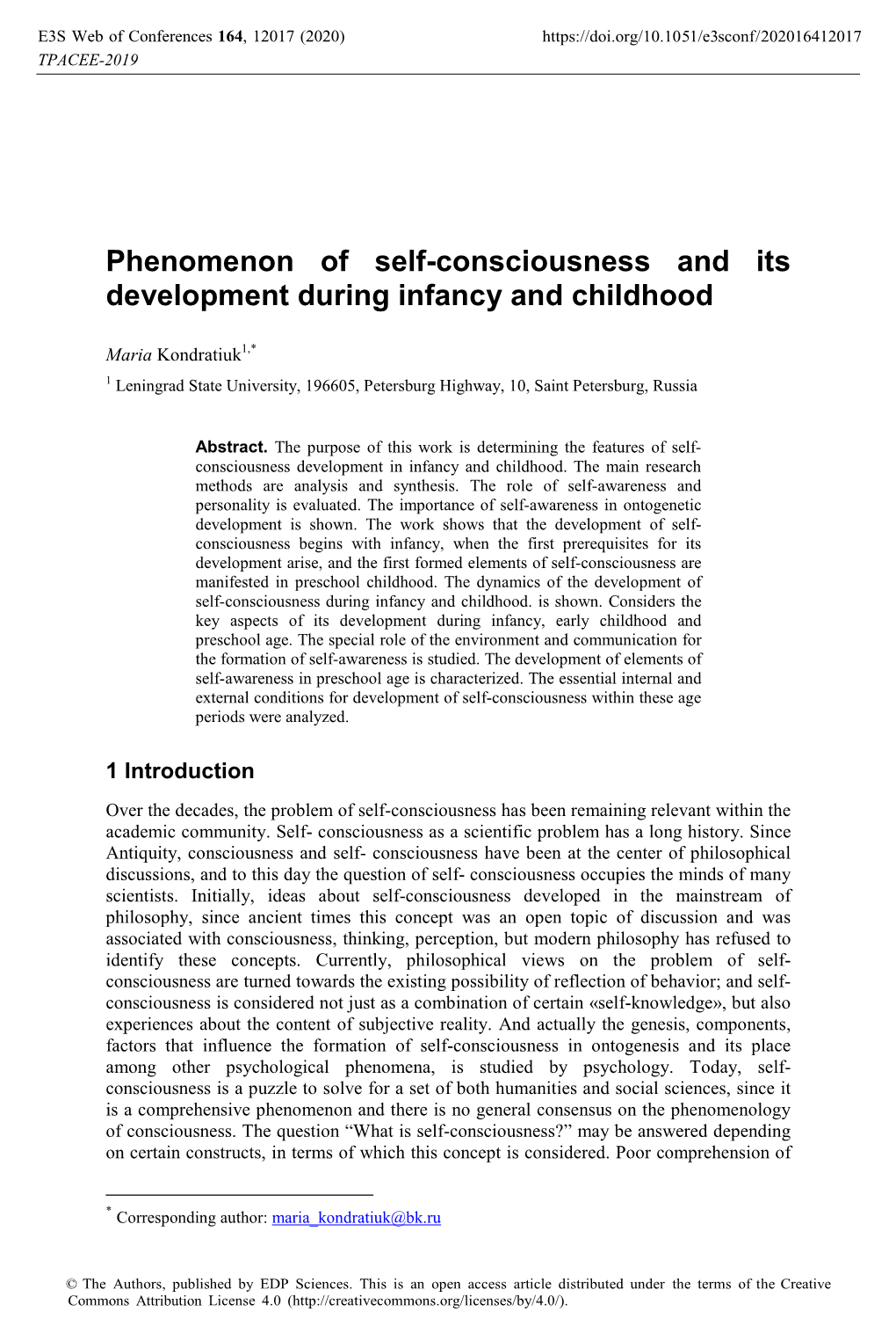 Phenomenon of Self-Consciousness and Its Development During Infancy and Childhood