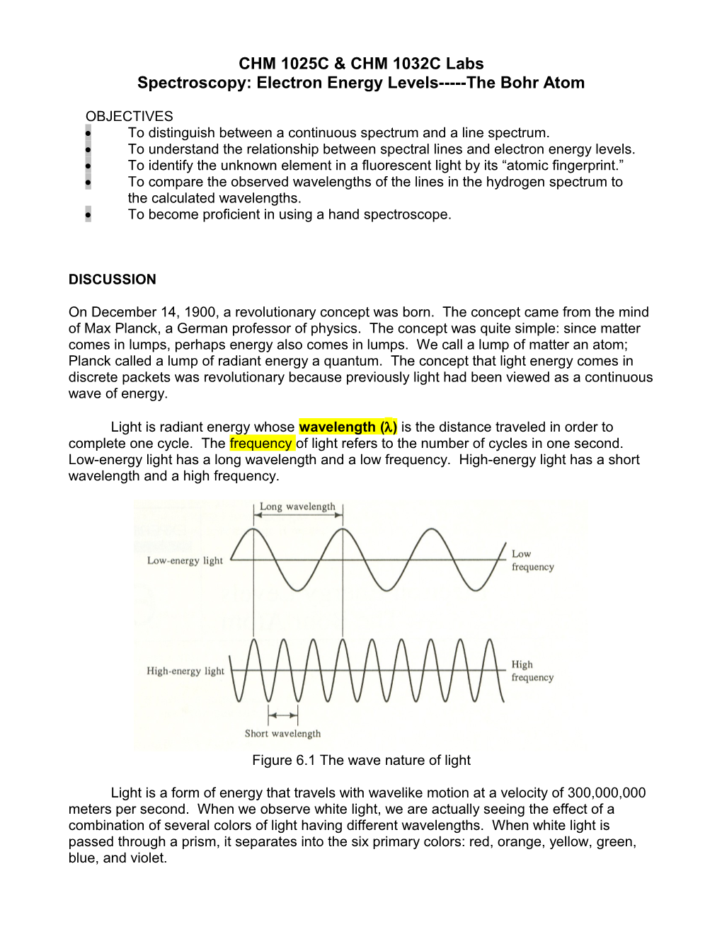 Spectroscopy: Electron Energy Levels the Bohr Atom