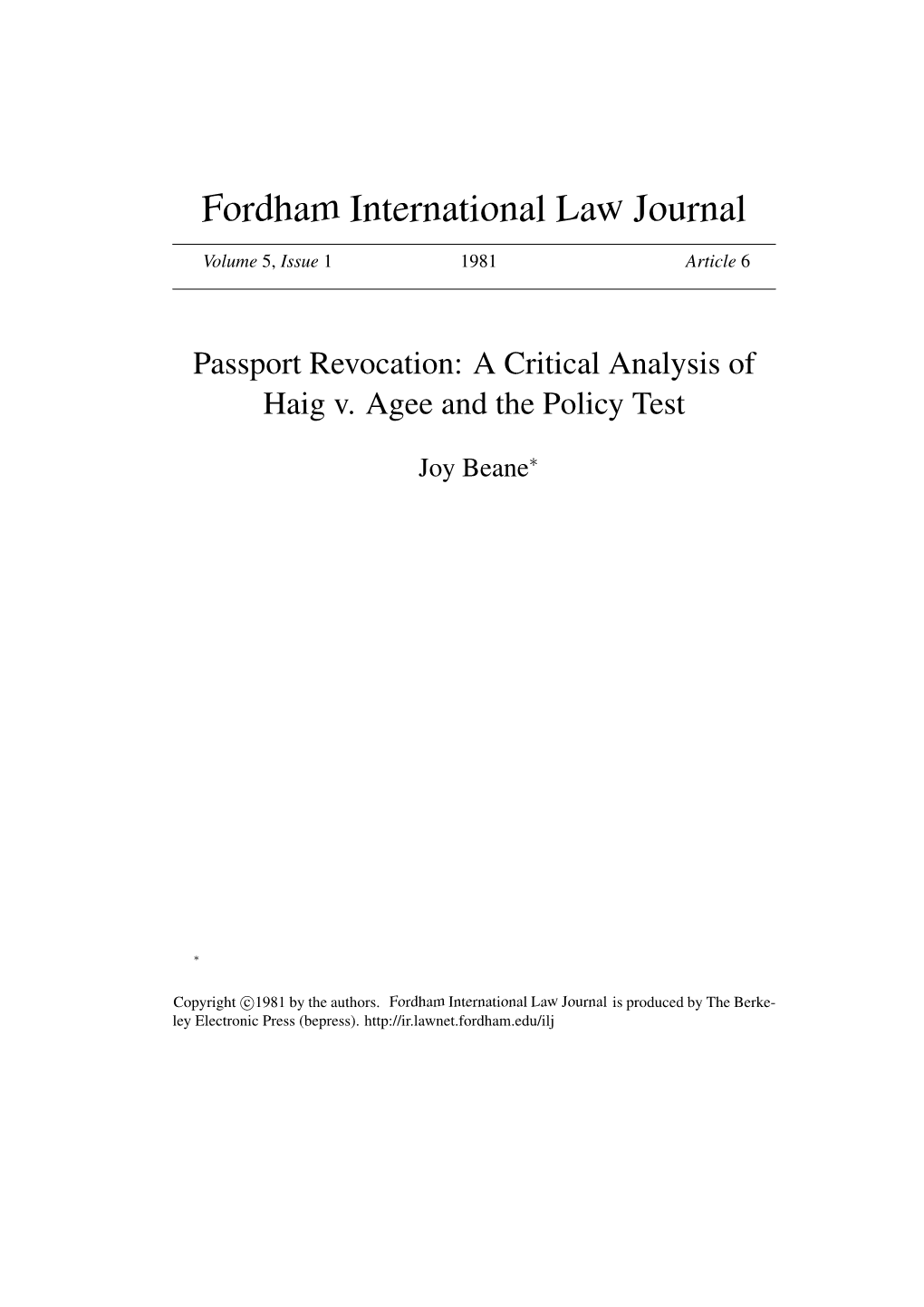 Passport Revocation: a Critical Analysis of Haig V