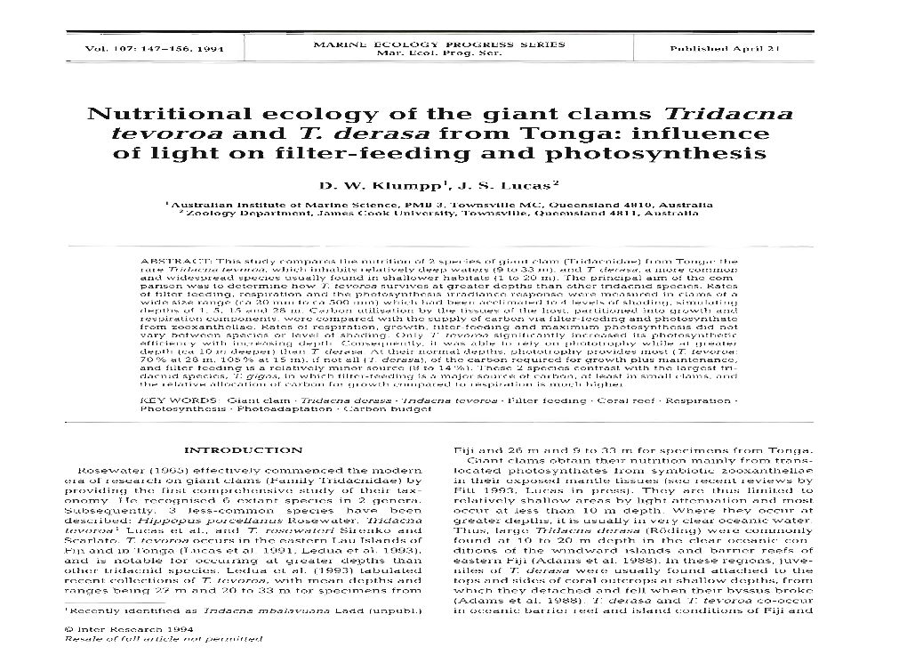 Nutritional Ecology of the Giant Clams Tridacna Tevoroa and T. Derasa from Tonga: Influence of Light on Filter-Feeding and Photosynthesis