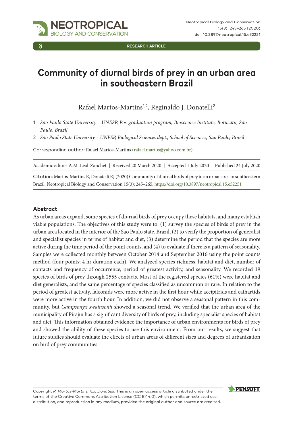 ﻿Community of Diurnal Birds of Prey in an Urban Area in Southeastern Brazil