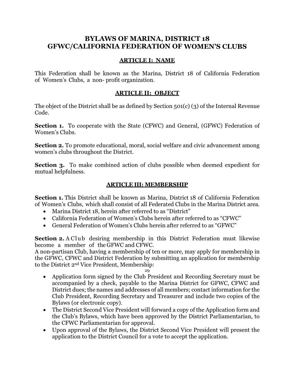 Bylaws of Marina, District 18 Gfwc/California Federation of Women’S Clubs