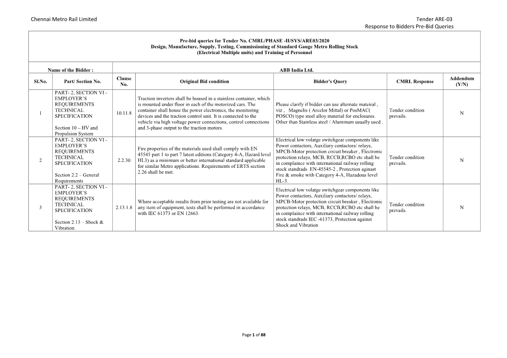 Chennai Metro Rail Limited Tender ARE-03 Response to Bidders Pre-Bid Queries