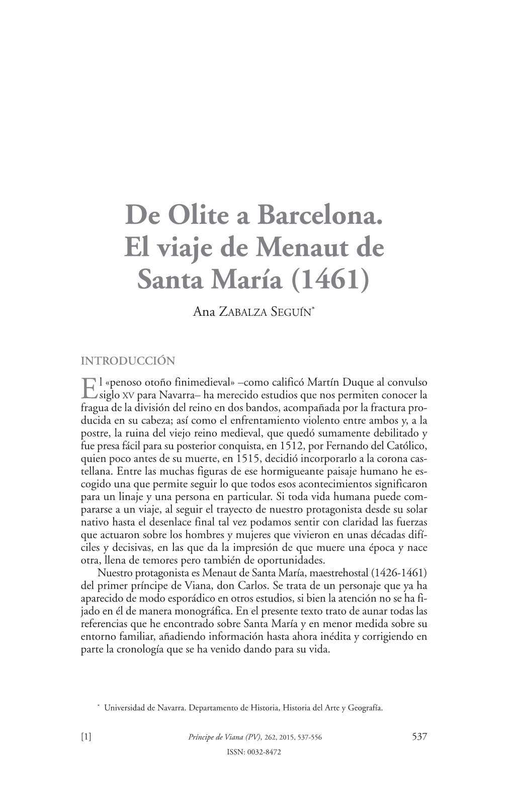 De Olite a Barcelona. El Viaje De Menaut De Santa María (1461)