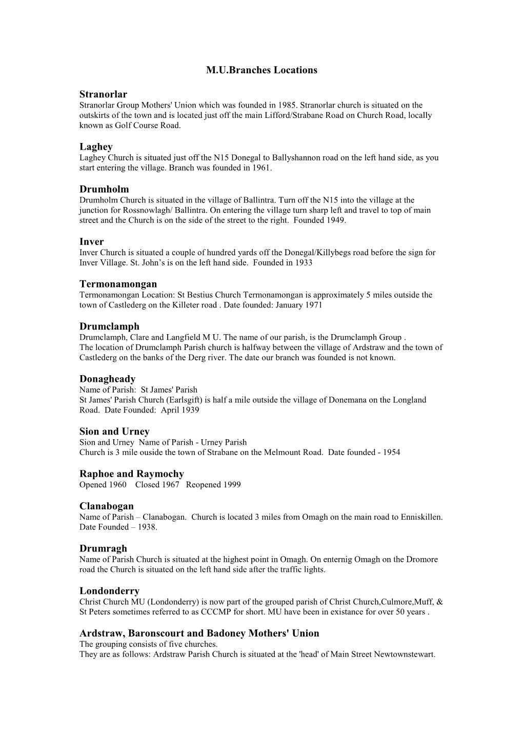 M.U.Branches Locations Stranorlar Laghey Drumholm Inver Termonamongan Drumclamph Donagheady Sion and Urney Raphoe and Raymochy