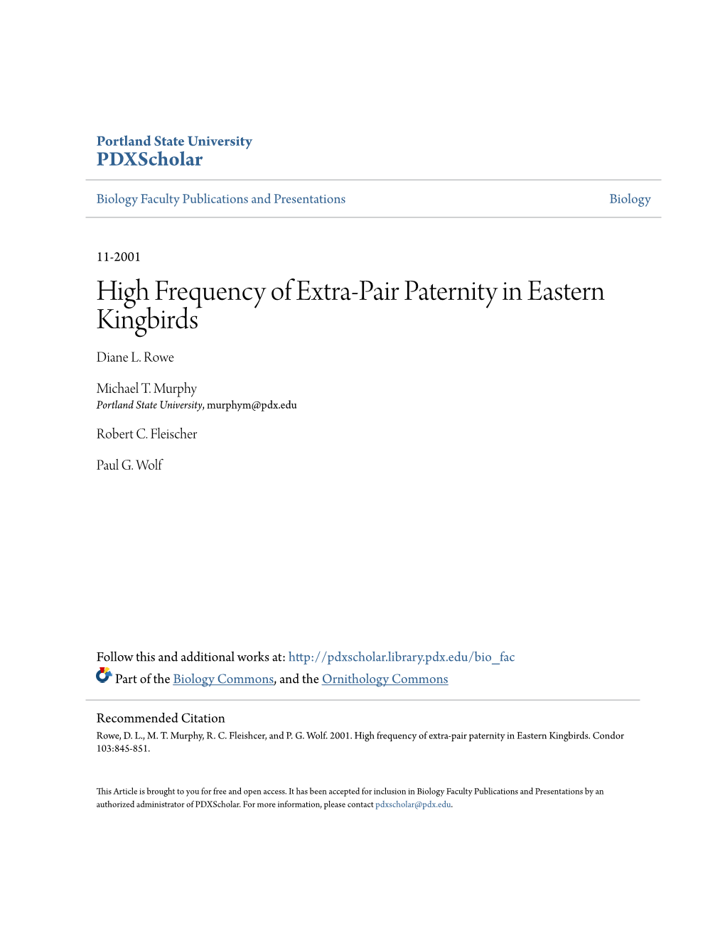 High Frequency of Extra-Pair Paternity in Eastern Kingbirds Diane L