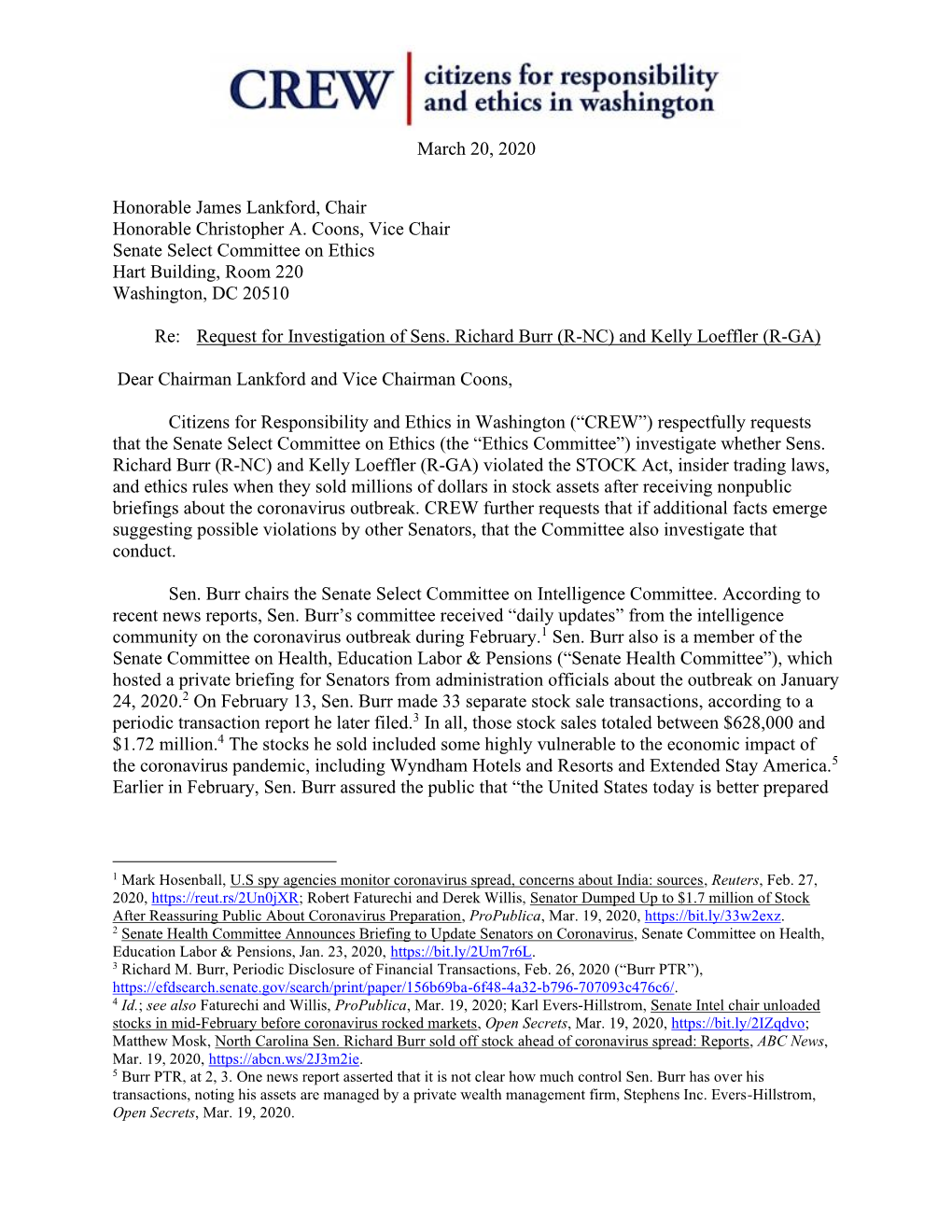 March 20, 2020 Honorable James Lankford, Chair Honorable Christopher A. Coons, Vice Chair Senate Select Committee on Ethics Hart