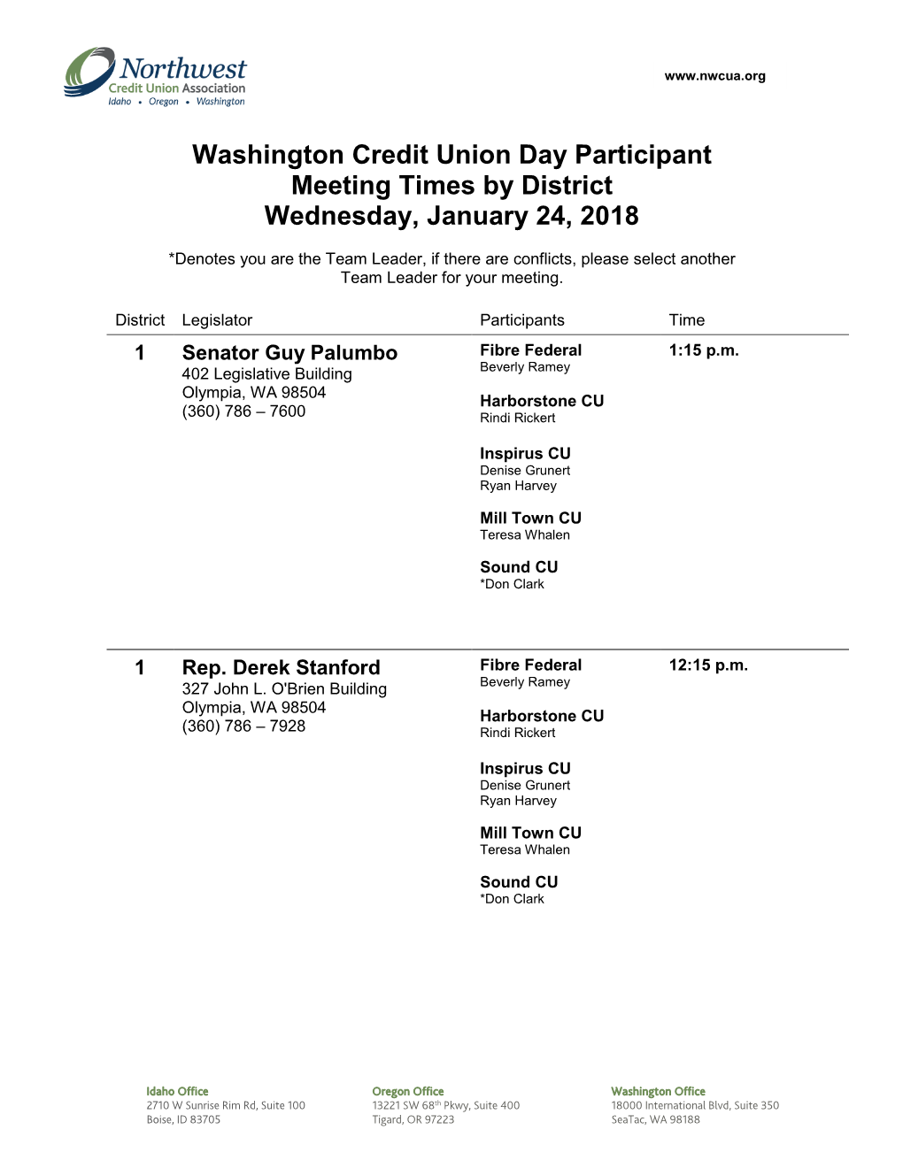 Washington Credit Union Day Participant Meeting Times by District Wednesday, January 24, 2018