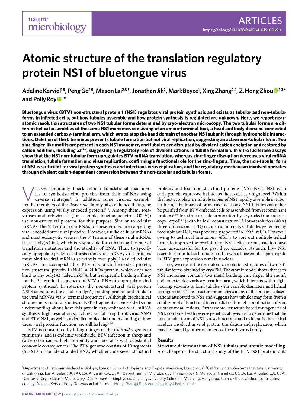 Atomic Structure of the Translation Regulatory Protein NS1 of Bluetongue Virus