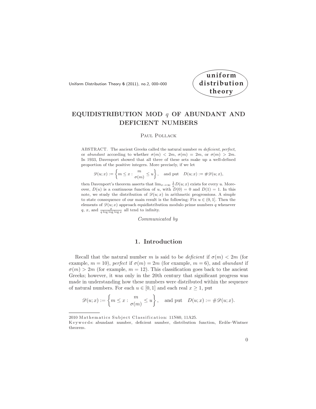 Uniform Distribution Theory 6 (2011), No.2, 000–000 Distribution Theory